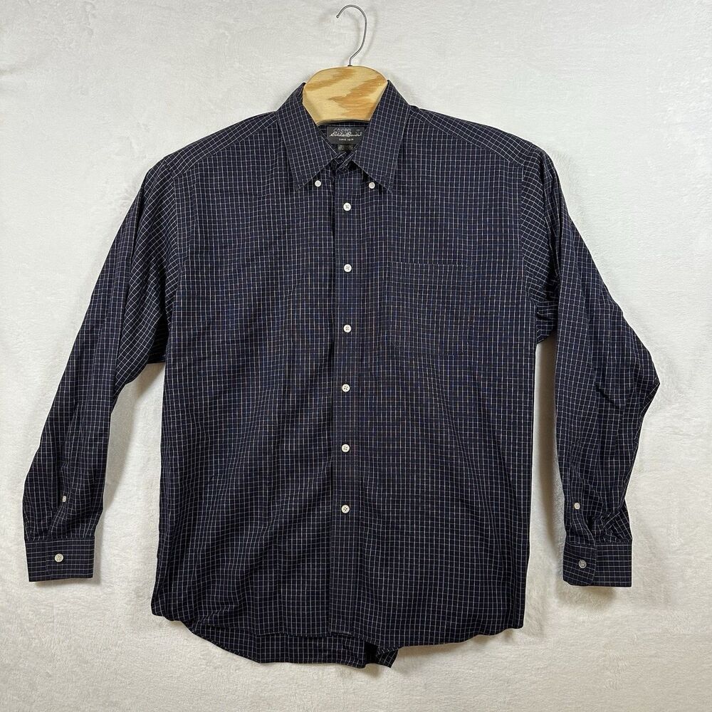 Eddie Bauer Men’s XL Button-Down Shirt Navy Grid Plaid 100% Cotton Long Sleeve